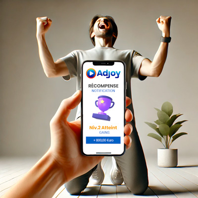 Personne célébrant une récompense AdJoy sur son téléphone mobile